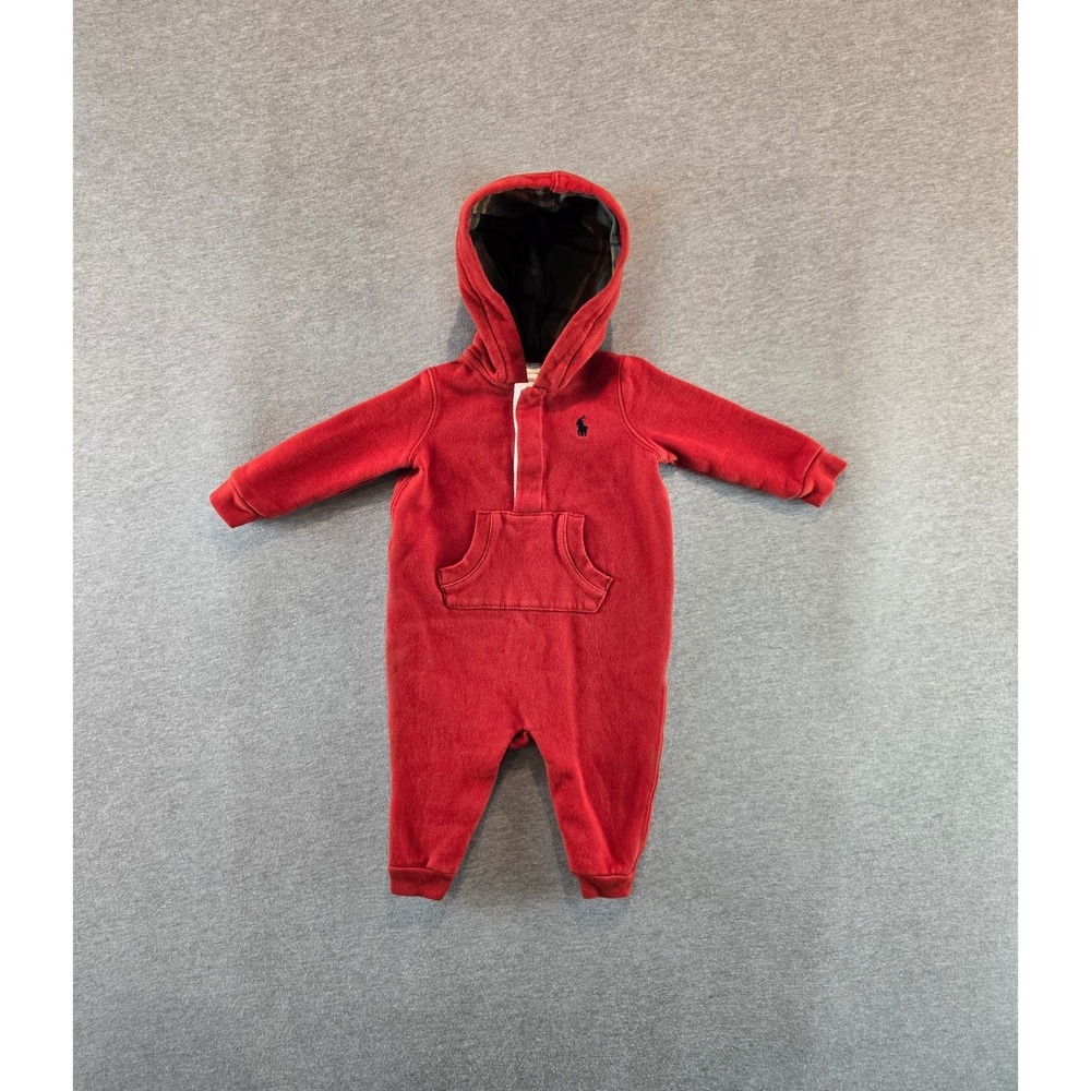 Polo Ralph Lauren Hooded Coverall Kids 9M Red Plaid Lined Fleece Romper